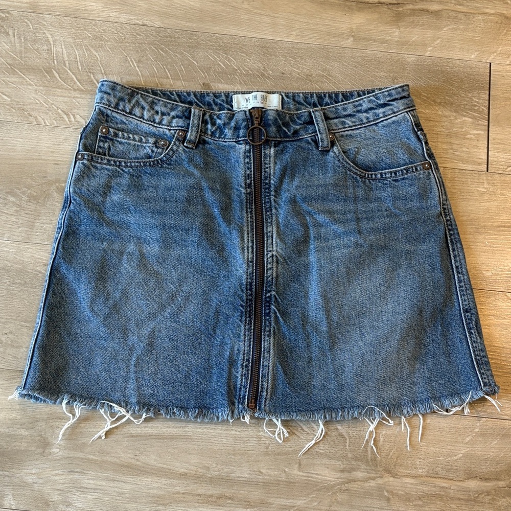 We The Free Denim Skirt with Frayed Hem Full Zip Front Size 29